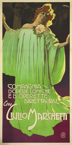A woman in flowing green gown with monocled man, admirers, theatrical masks in backround; green, purple, white