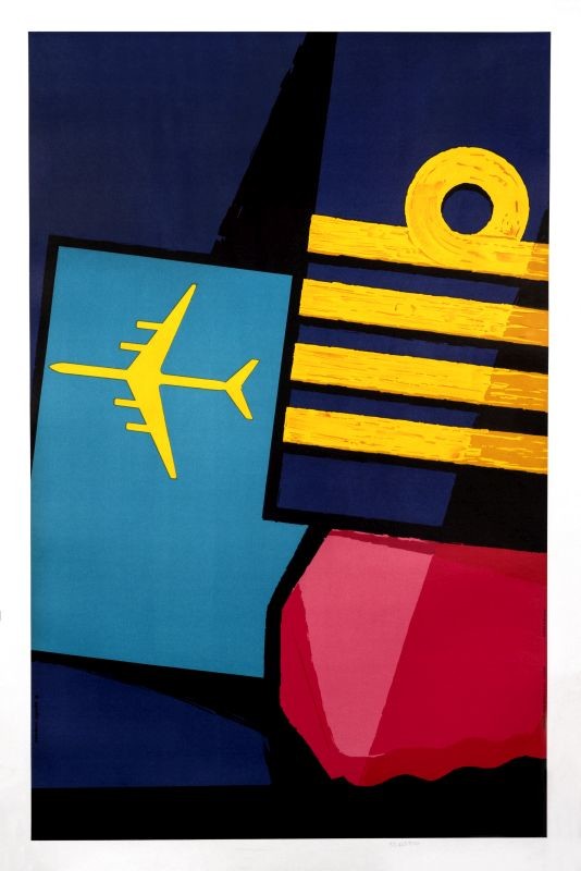blocks of color with outline of a plane; blue, yellow, pink