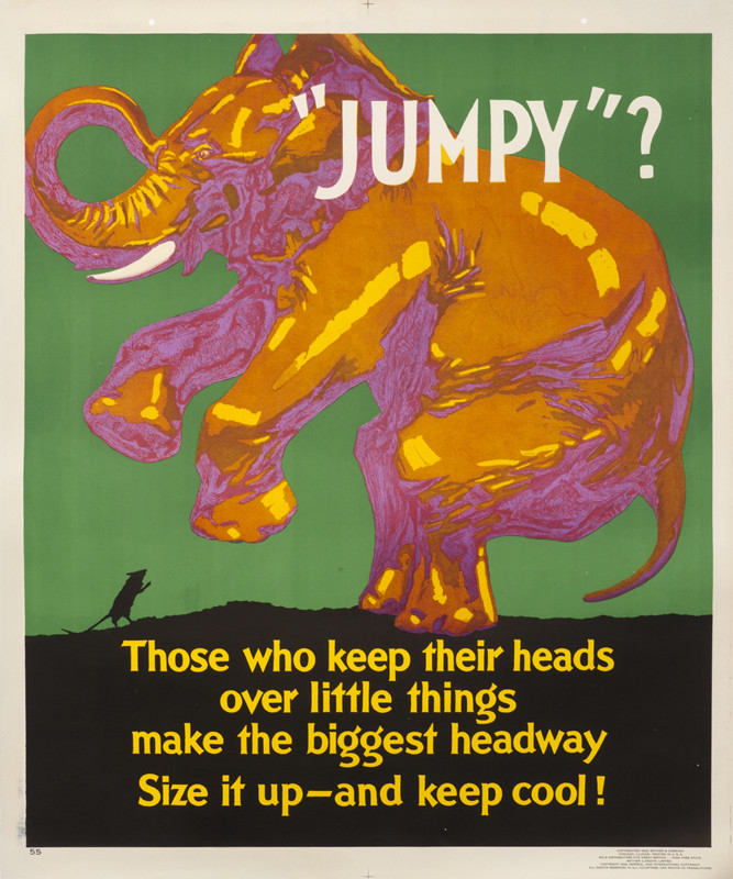 Mouse frightens elephant; green, orange, purple, yellow