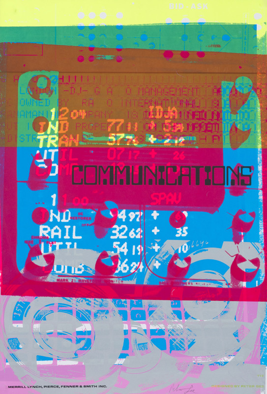 Photomontage of stock market digital news board; pink, blue, yellow, green, orange, neon