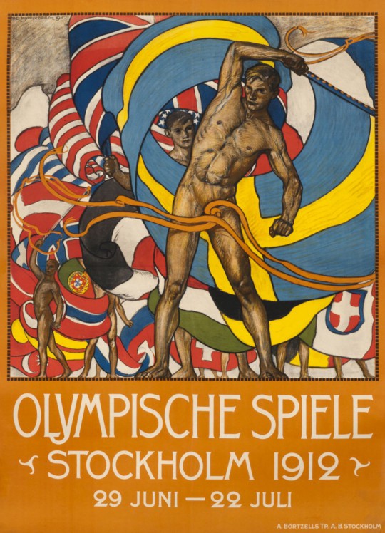 Nude man waving flags in Olympic procession; orange, blue, red