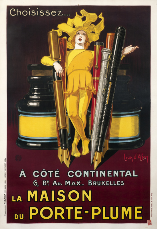 Jester flanked by ink wells and fountain pens; yellow, orange, red, black