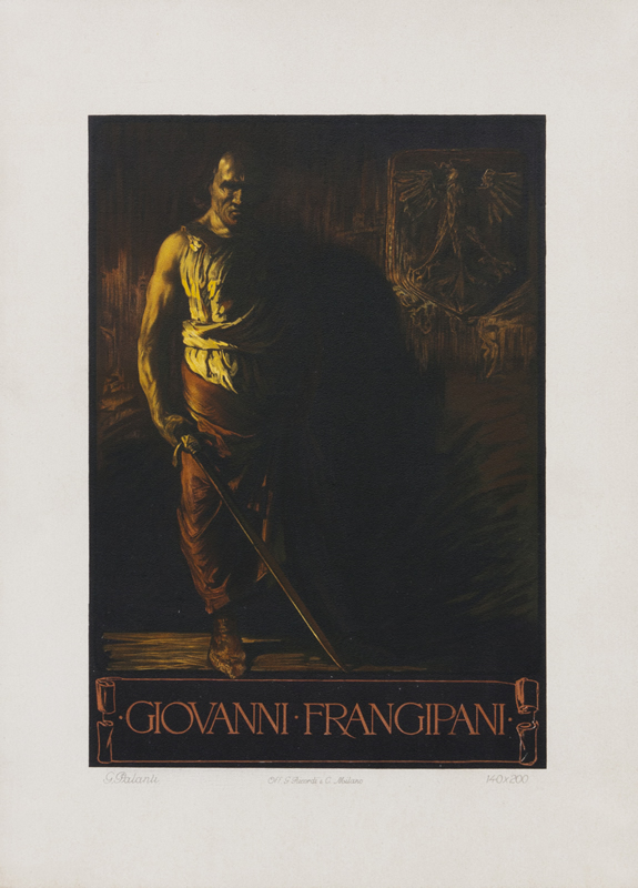Fierce man in shadows holds sword; brown, yellow