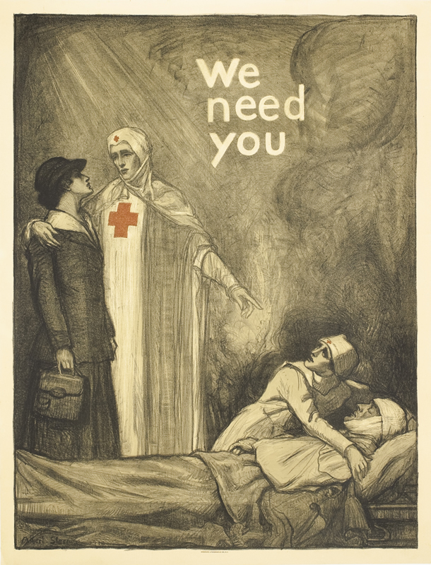 Nurse points out wounded man to woman, another nurse tends him; black, white, red