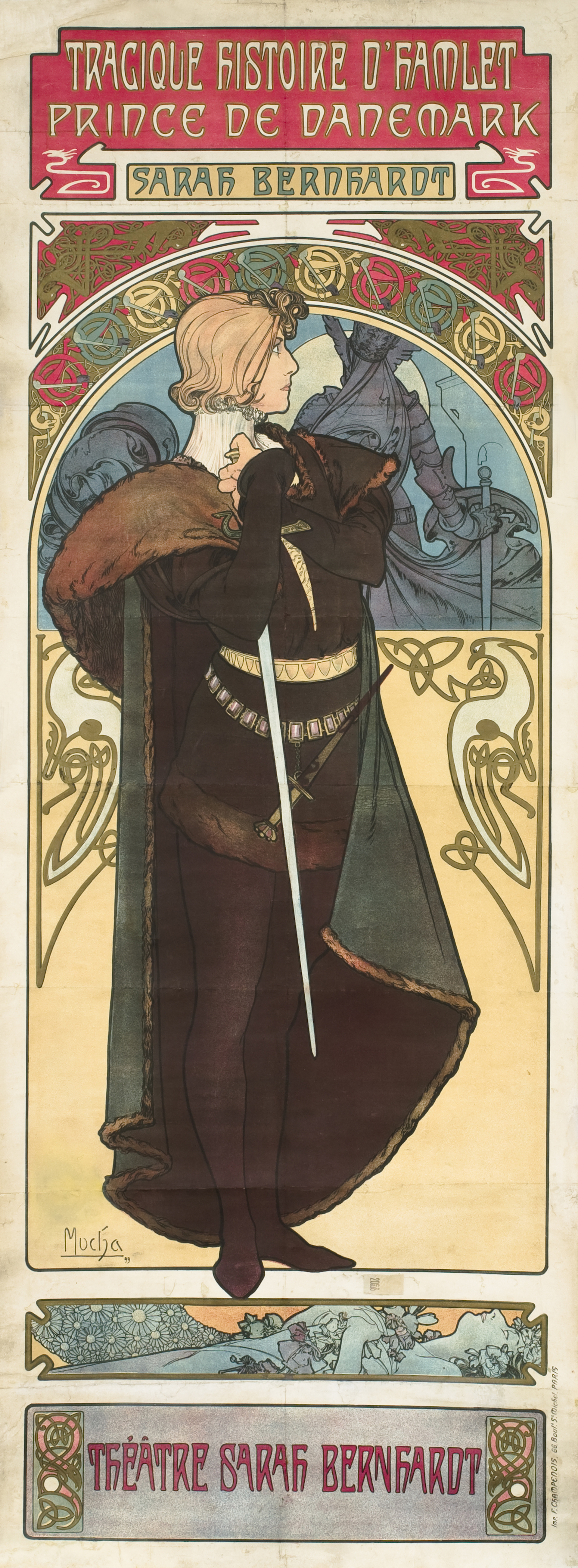 Sarah Bernhardt as a thoughtful Hamlet, with Ophelia below; red, beige, brown, blue