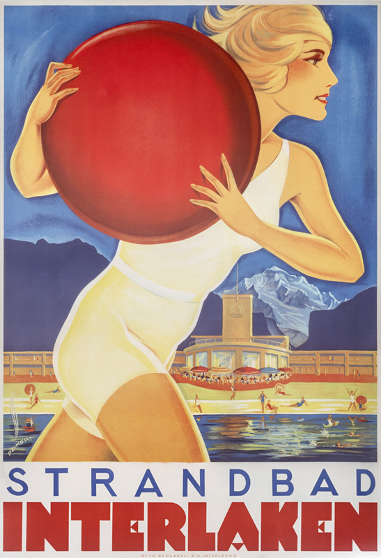 Woman running with beach ball with resort and mountains behind; red, blue, yellow