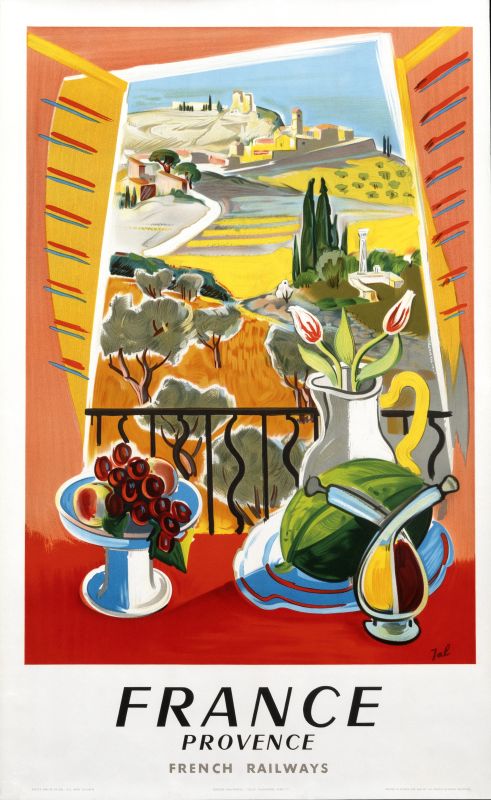 Fruit-rich still life with country scene beyond; red, yellow, green