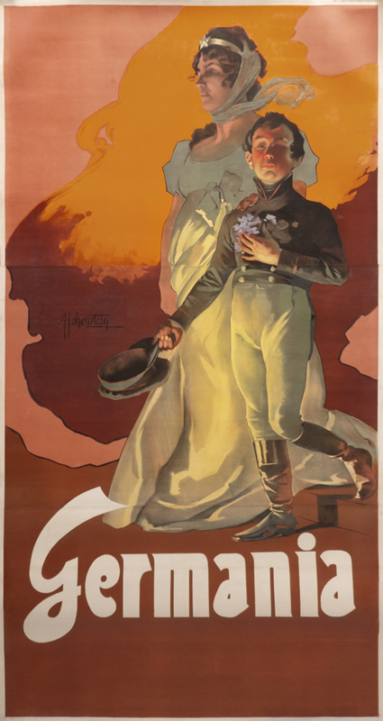 Mother Germania behind a military officer; orange, brown