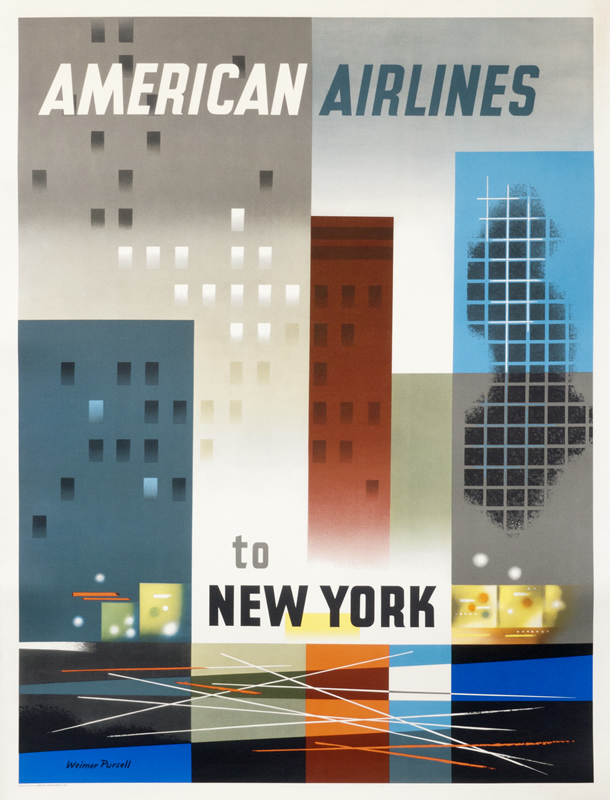 Abstract cityscape; red, blue, grey, yellow