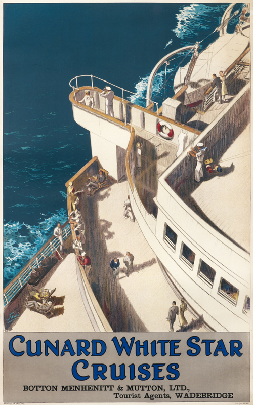 View of ship's wing, decks and water below; blue, white