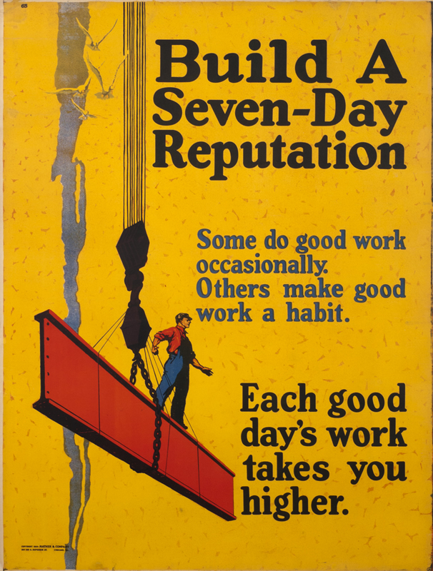 Man standing on rising steel beam against skyscraper; yellow, blue, red