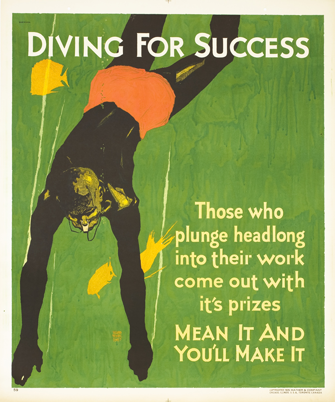 Man in scuba gears swims downward passing fish; green, black, yellow, red