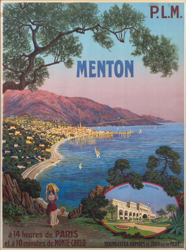 Coastal view of Menton Riviera, sailboats, inset of hotel; blue, green, pink
