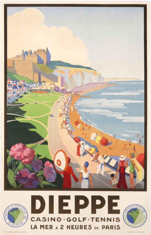 women walk below Dieppe castle with view of Normandy beach; red, green, tan