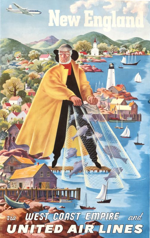 Charming New England coastal village, fisherman with net; yellow, blue, green