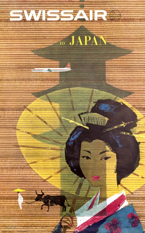 Woman in traditional kimono in pagoda's shadow; brown, yellow, black, blue, pink