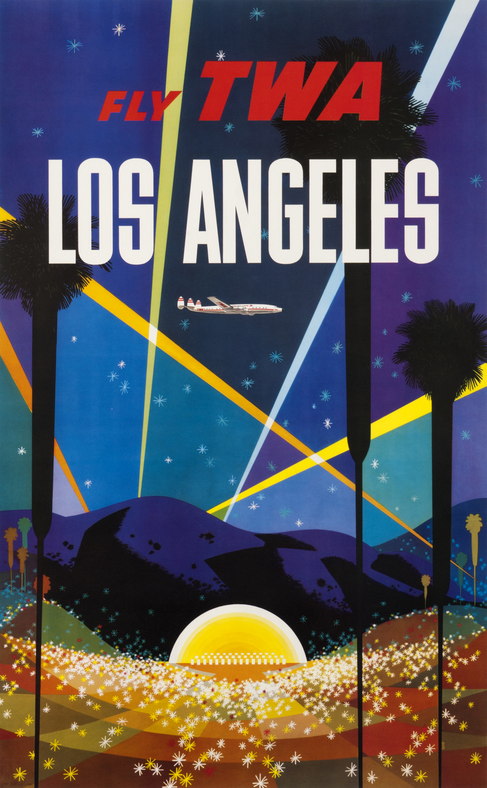 Spotlights crisscross through sky over Los Angeles, stars, hillside, palm trees; red, blue, purple, yellow