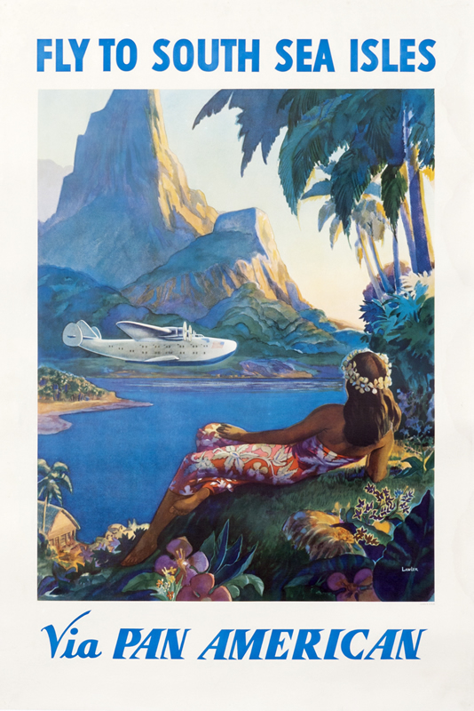Boeing Clipper seaplane flies over island with native girl in foreground; blue, red, green, white