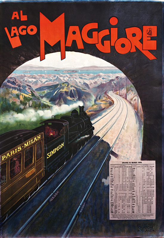 Train speeds through Simplon Tunnel towards Lake Maggiore; brown, green, red