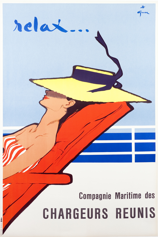 Woman in hat relaxes on ship deck; blue, red, yellow