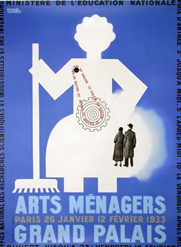 White silhouette of woman with broom watched by a couple; blue, white, black