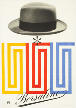 Geometric repeating designs with man's hat above; white, gray, yellow, blue, red