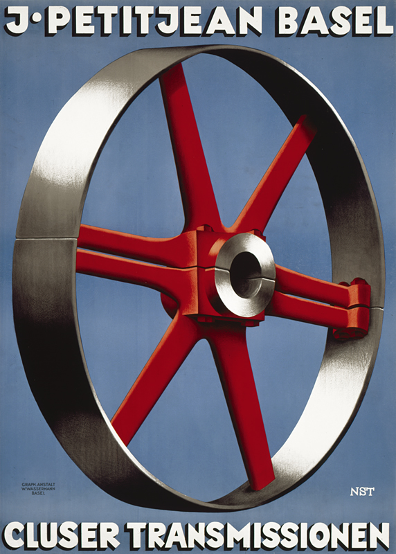 Transmission wheel framed in text; blue, white, red, black