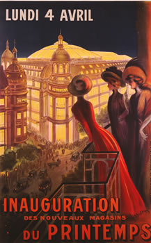 Women on balcony overlook opening of Paris department store; blue, red, yellow