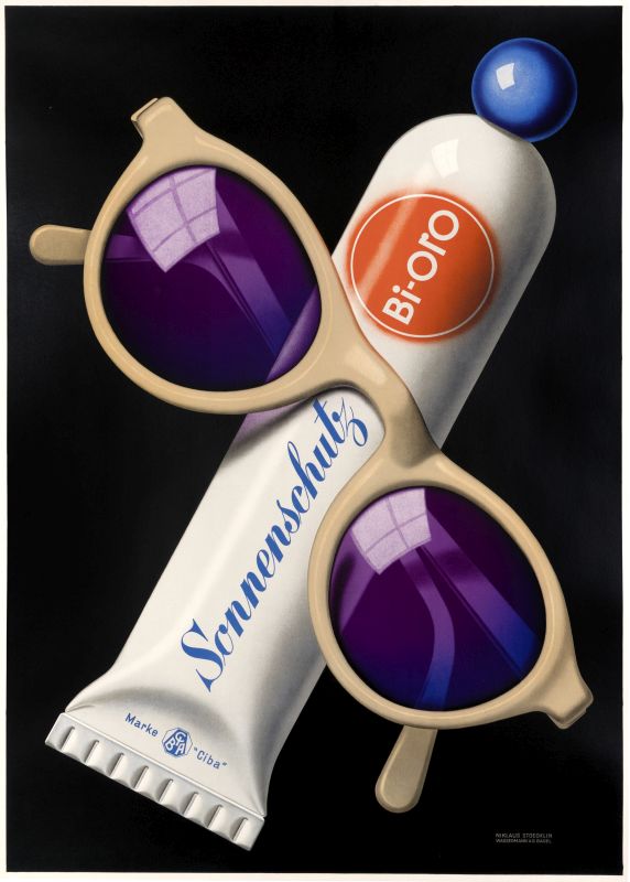 Close-up view of sunglasses and sun tan lotion tube; purple, white, red