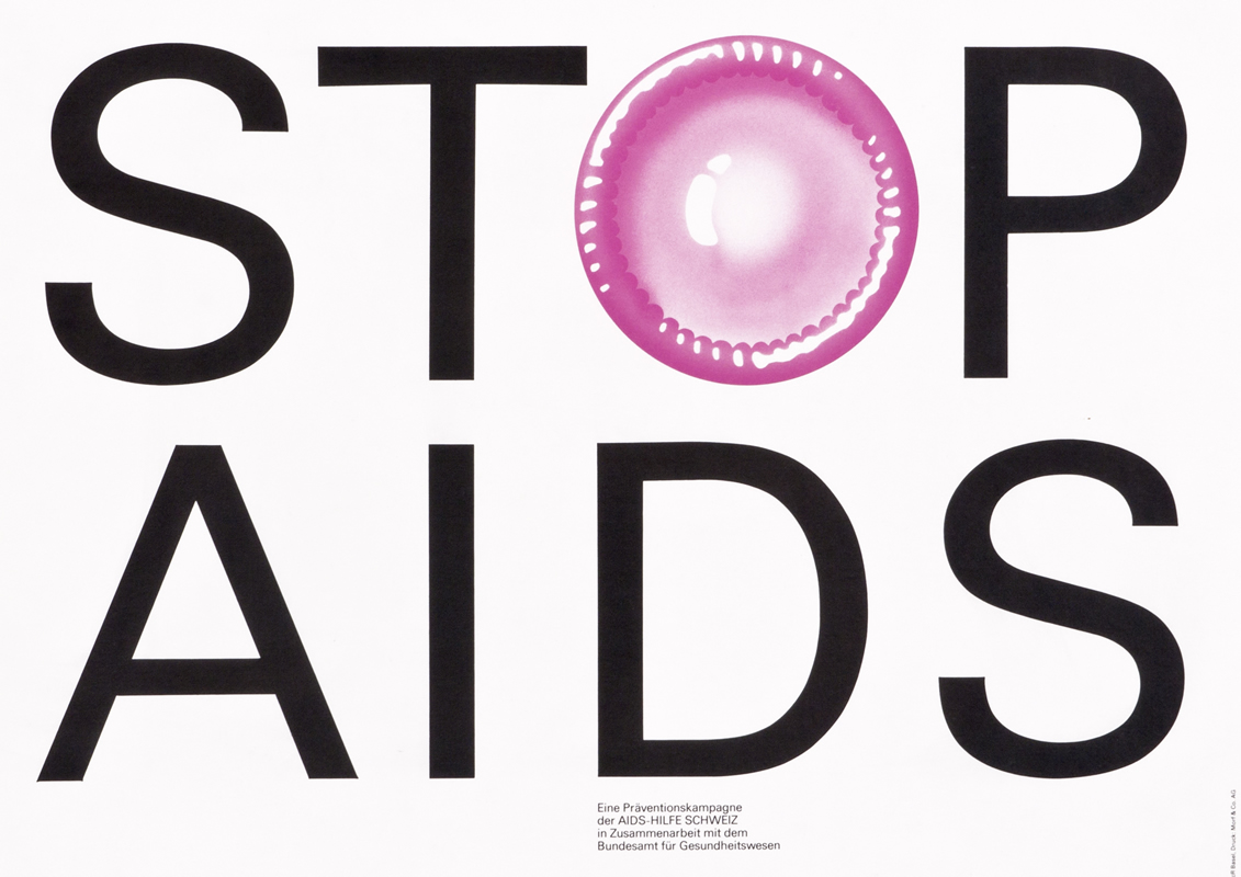 Typography with condom as 'O'; black, white, pink