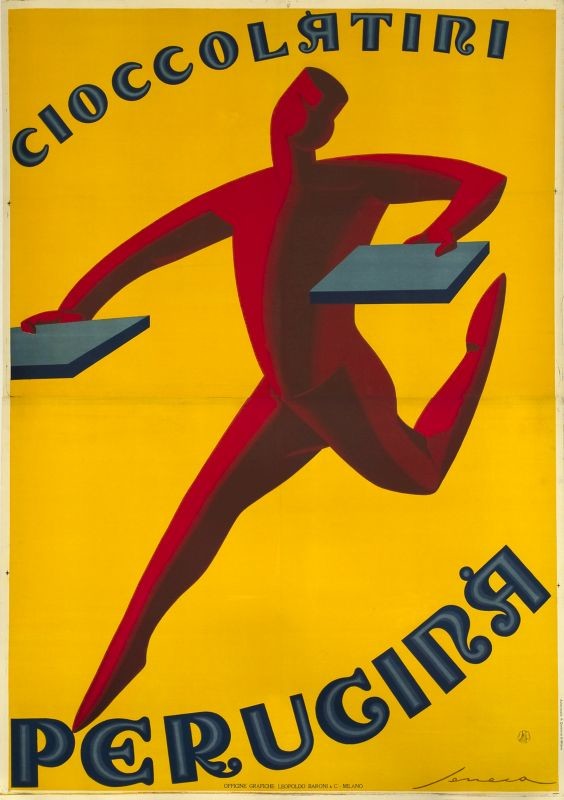 Abstract pageboy leaping, carrying big bars of chocolate; yellow, red, blue