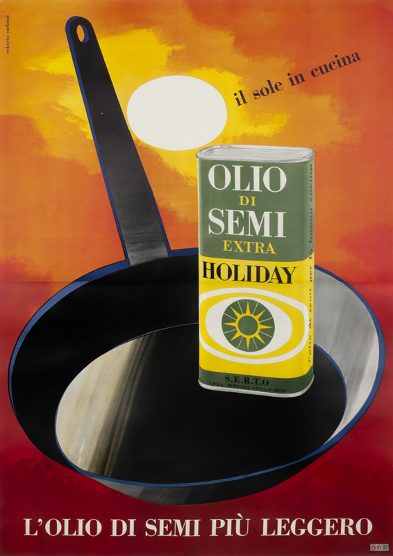 Frying pan with can of olive oil, with sunshine; ORANGE, RED, GREEN, YELLOW, BLUE, GRAY, B/W