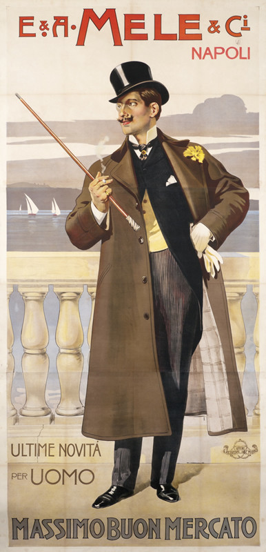 man with top hat & cane; brown, black, gray on white