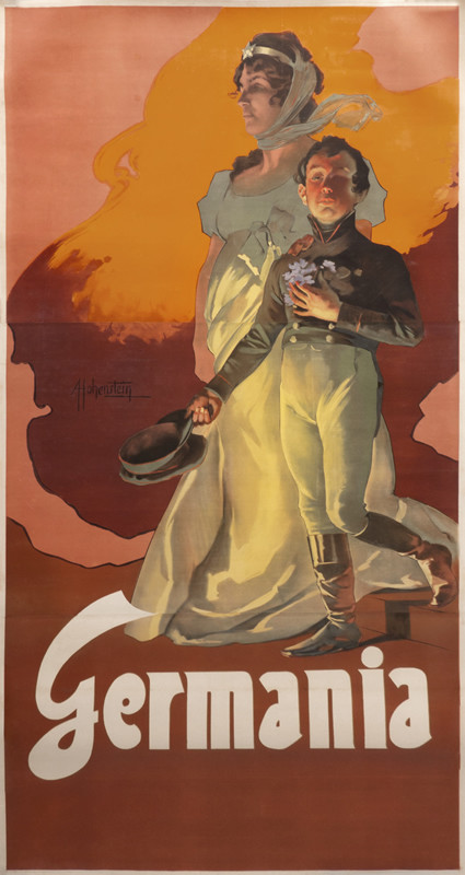 Mother Germania protects a military officer; orange, brown