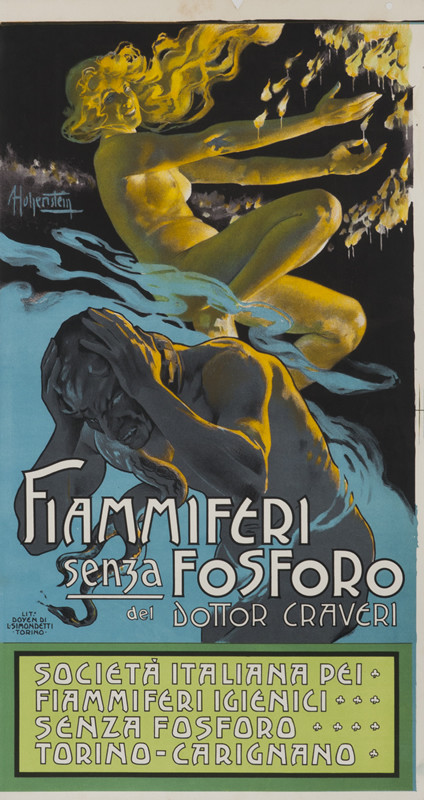 Devil like figure holds head, naked woman lights matches; yellow, blue, green, black