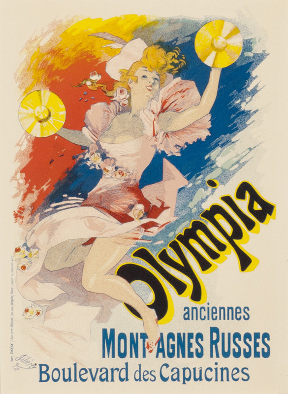 Young woman with cymbals in mid-air; red, pink, blue, orange, yellow