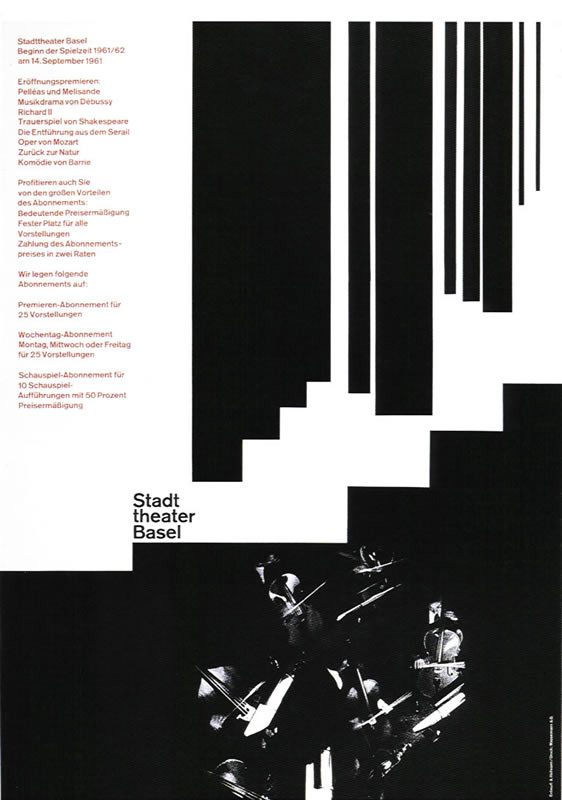 Orchestra of cello and bass plays below vertical lines; black and white
