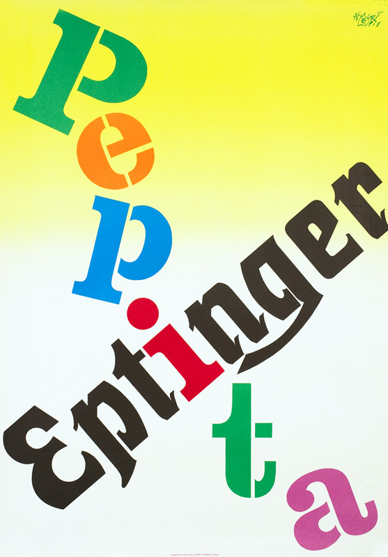 Words Pepita & Eptinger at the "I"; green, orange, blue, pink, black on a white and yellow background