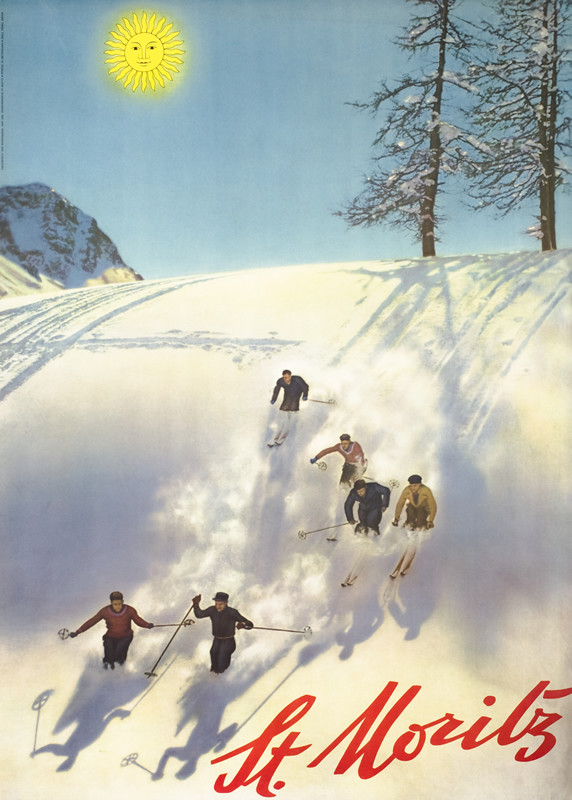 Six skiers ski down mountain, sun above; blue, white, yellow, red