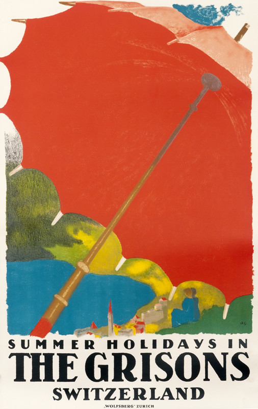 Red umbrella above town and lake; red, yellow, blue, green