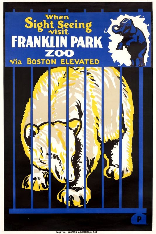 Bear in cage, inset of performing elephant; black, blue, yellow, gray