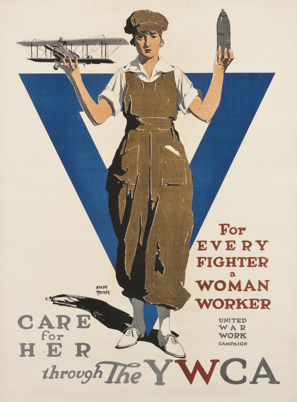 Woman holding up  bomb in one hand and a plane in the other; white, blue, brown