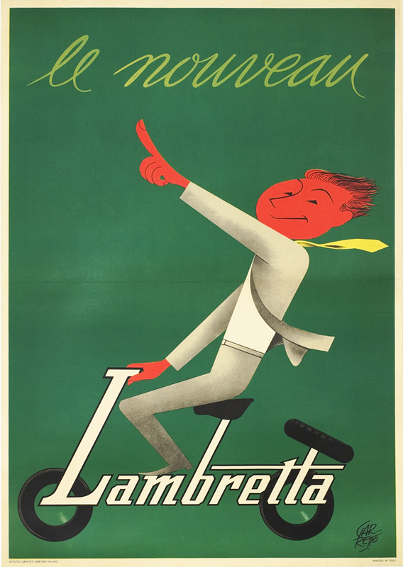 Man on scooter made of text points ahead; green, yellow, red