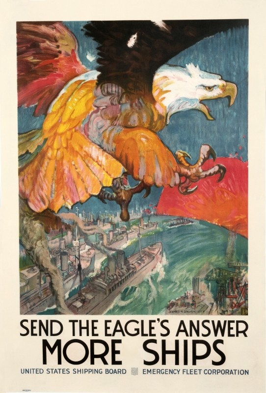 American eagle guides flotilla of American warships; red, yellow, blue, green