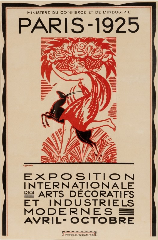 Woman frollicking with gazelle in woods with rose above; red, black