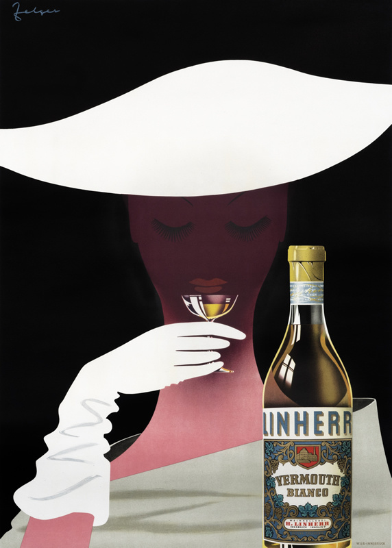 Elegant woman in wide hat sips from glass of vermouth; black, white, pink, yellow