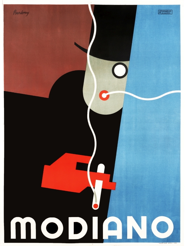 Stylized man in top hat and red glove smokes a cigarette; red, blue, brown, black