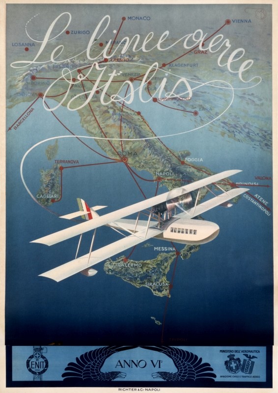 Byplane flies over map of Italy; blue green, white, red