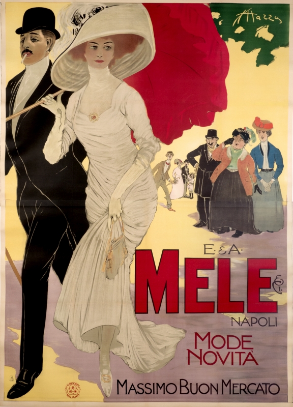 Elegant couple, woman with umbrella, are watched by others; red, black, yellow