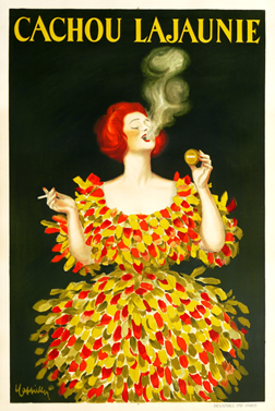 Woman in wild feathery dress smokes cigarette, uses breath freshener; green, yellow, red